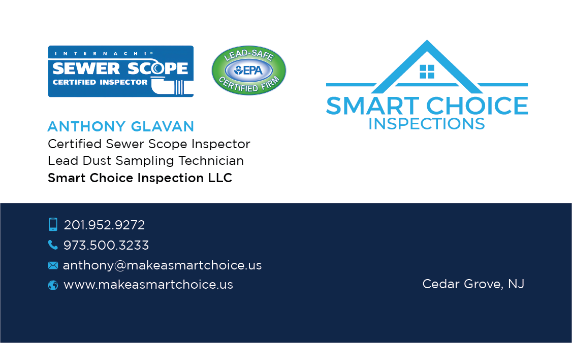 Anthony Glavan’s Smart Choice Inspections business card. Contact details and credentials are also listed below.