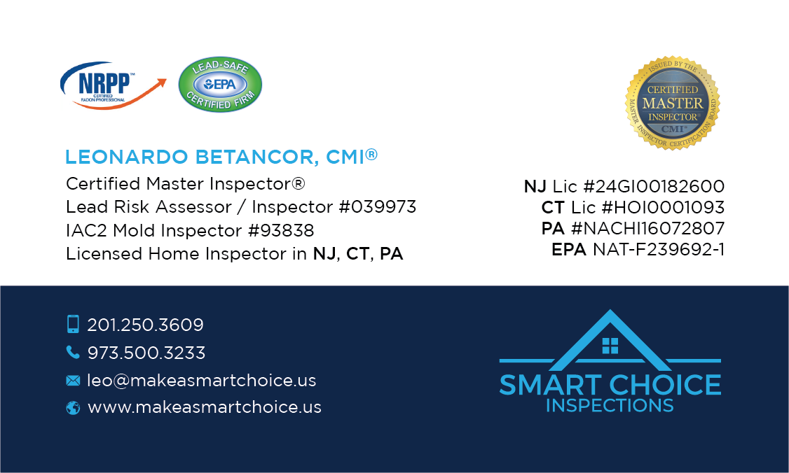 Leo Betancor’s Smart Choice Inspections business card. Contact details and credentials are also listed below.